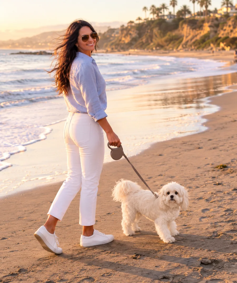 Bibi walking Lucy on the beach at sunset