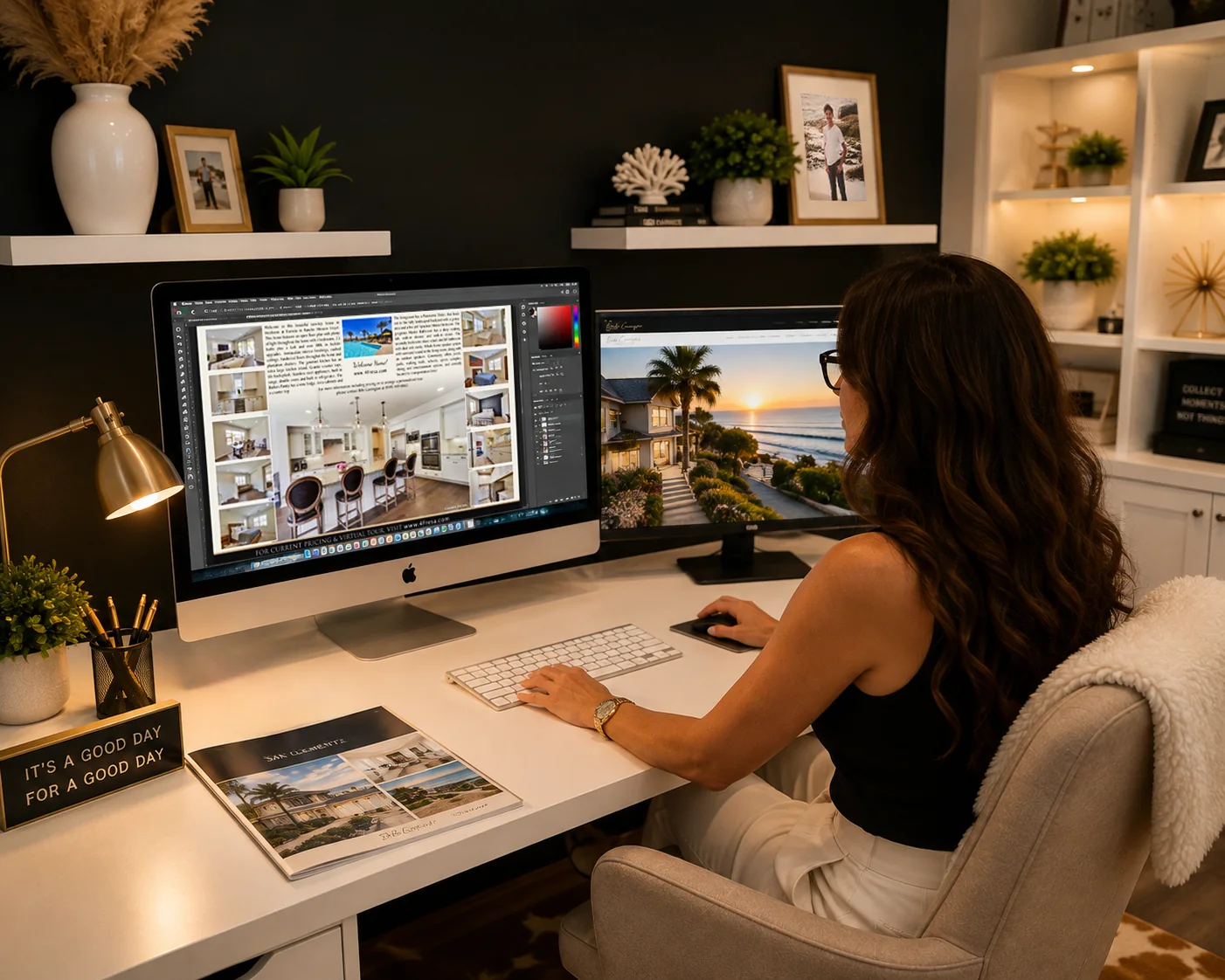 Bibi laying out a property brochure in Photoshop
