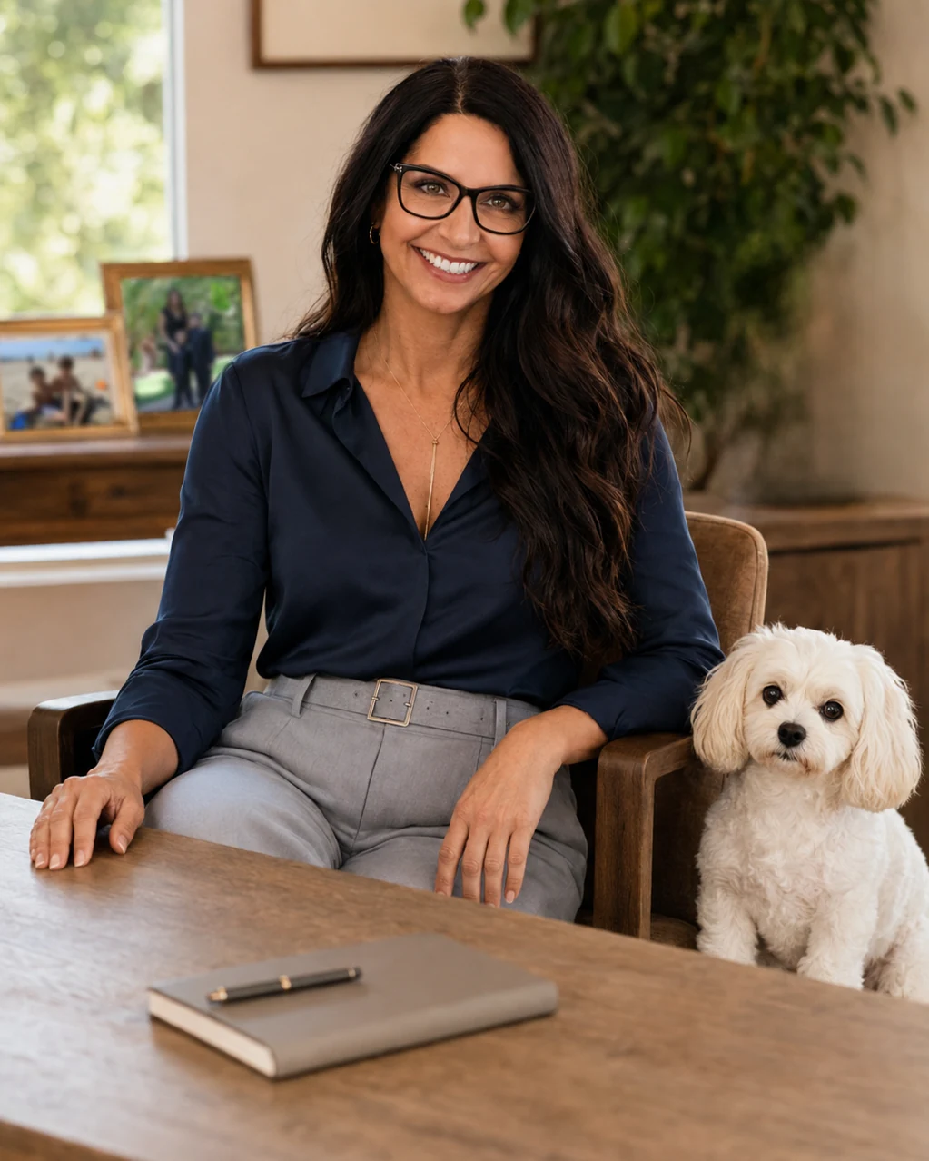 Bibi Carrington at her desk with Lucy