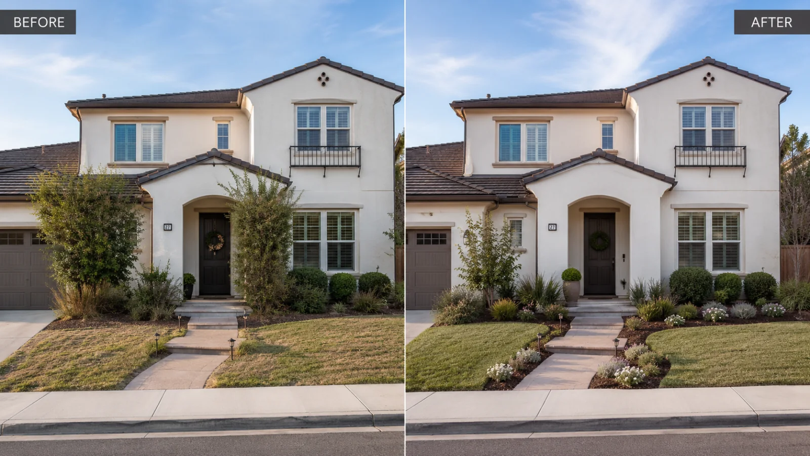 The front of a home before and after preparation: overgrown shrubs and patchy lawn, then trimmed planting, fresh borders and a clear path to the door