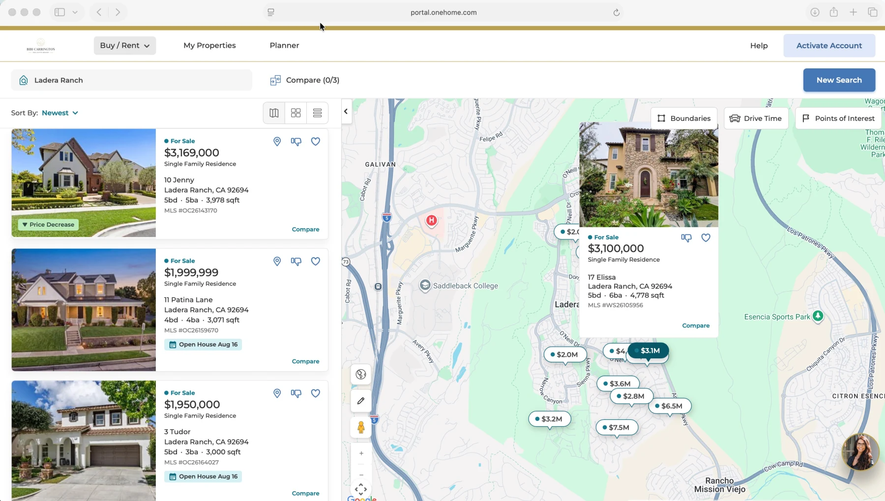 Bibi&rsquo;s OneHome portal showing a saved Ladera Ranch search: matching homes listed beside a map of the neighborhood