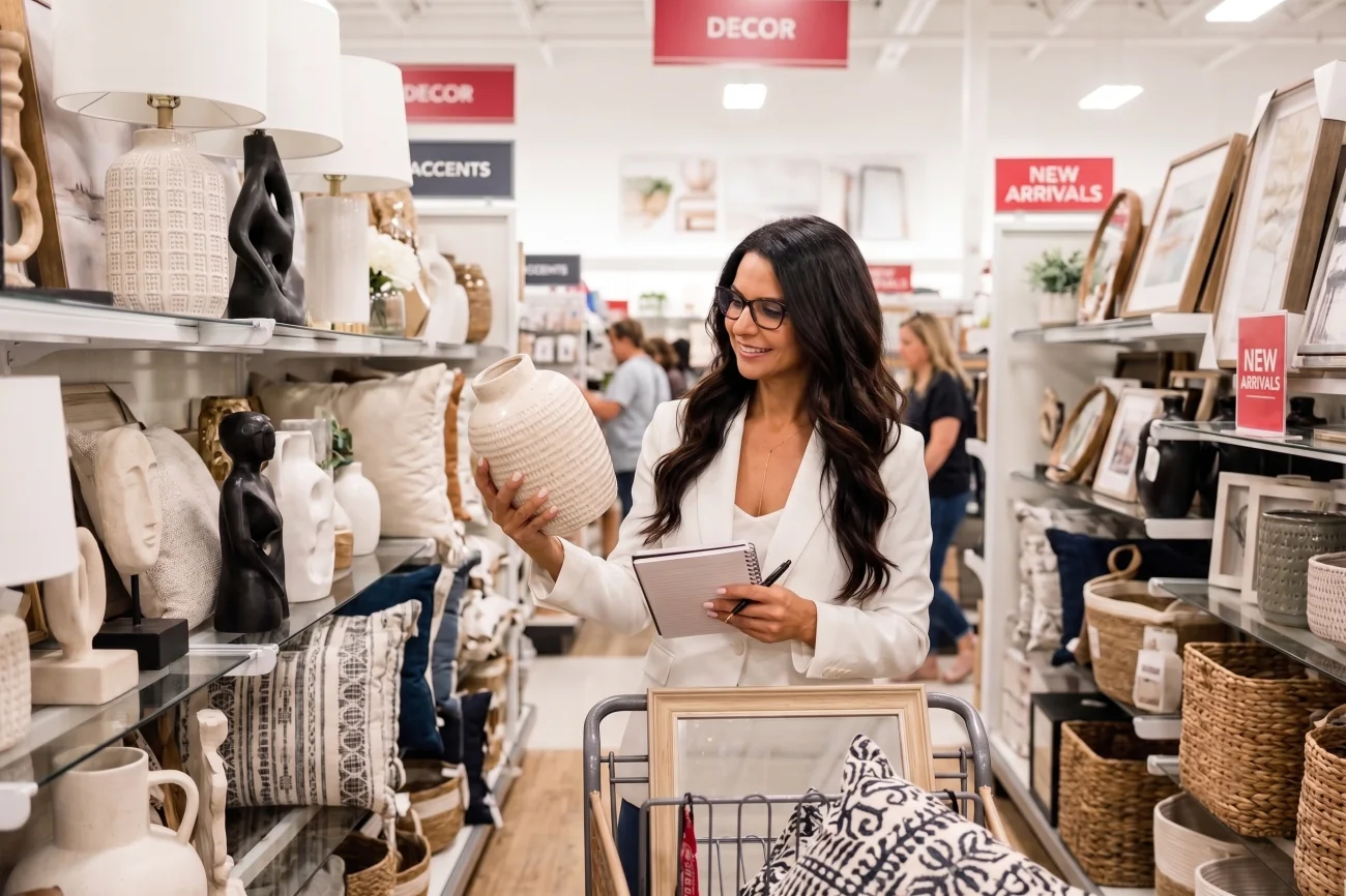 Bibi Carrington selecting vases and cushions in a home decor store, making notes as she goes